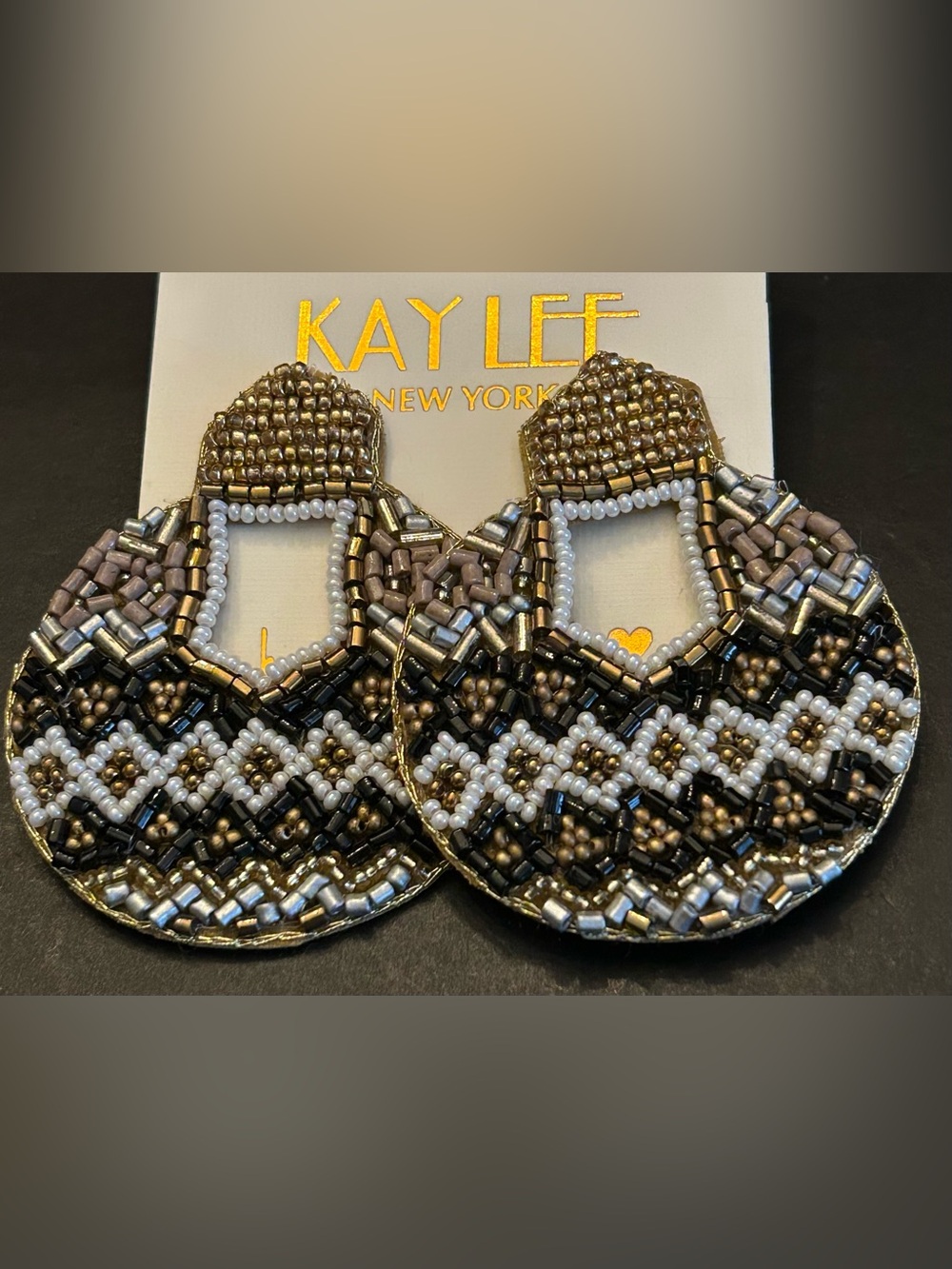 Kay Lee Unique Black, Gold & White Hand Beaded Boho Design Drop Earrings